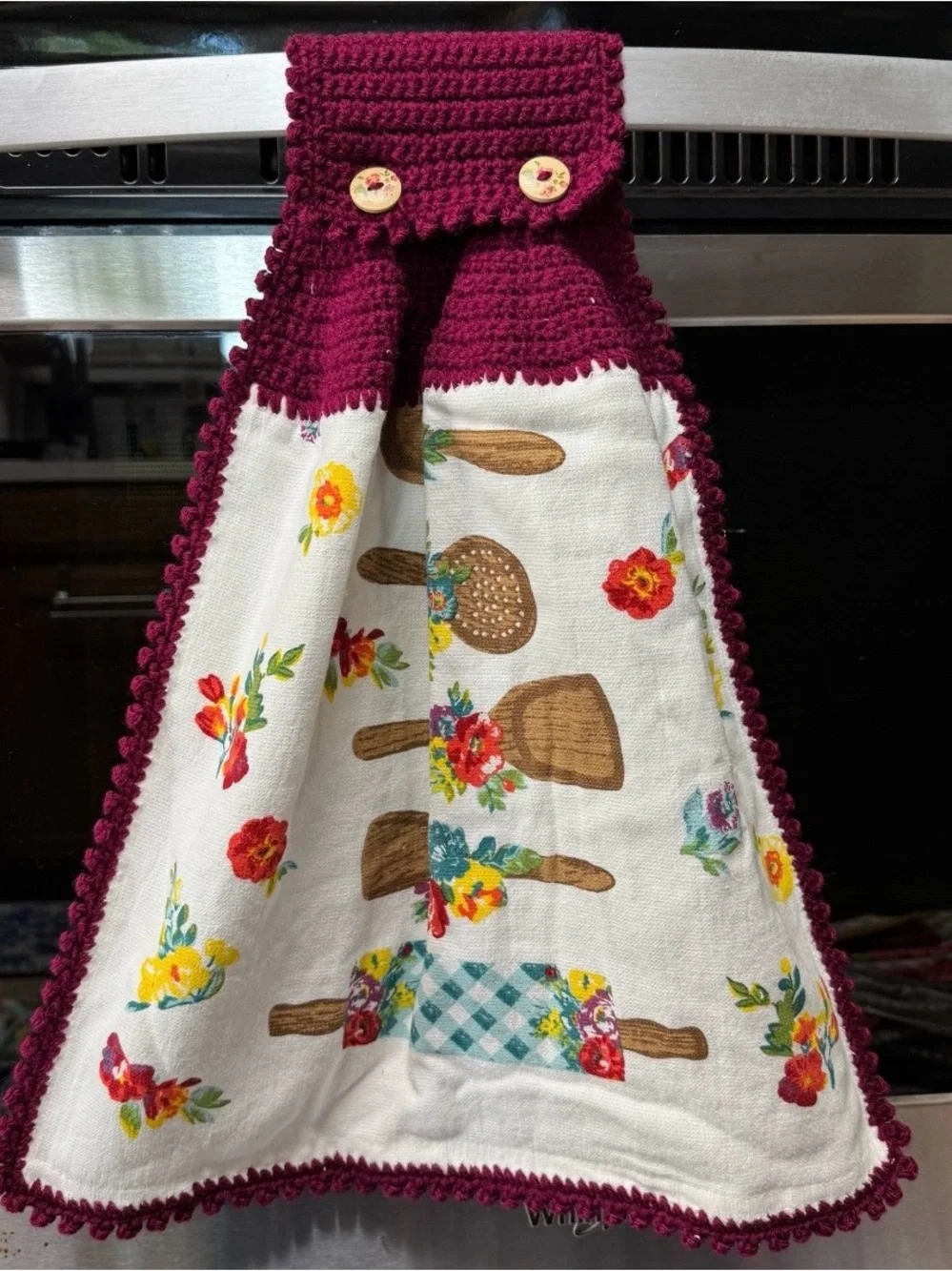 Handmade Crochet Hanging Kitchen Towel Burgundy Floral Utensils